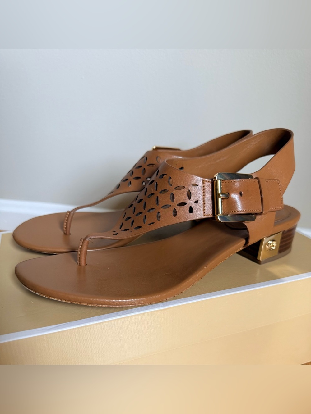 Michael Kors Tan Brown Perforated Leather T-Strap Sandals